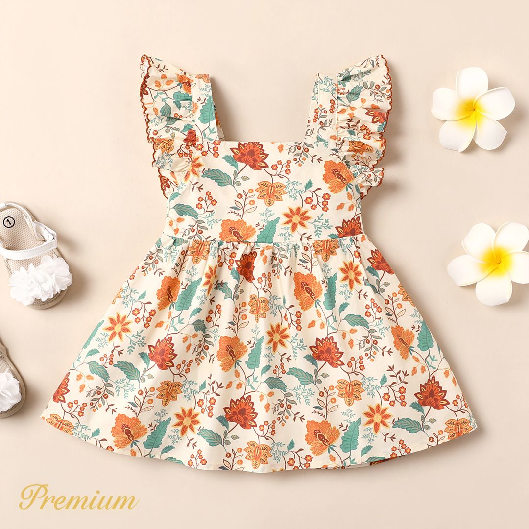 Baby Girl 100% Cotton Floral Print Flutter-sleeve Dress