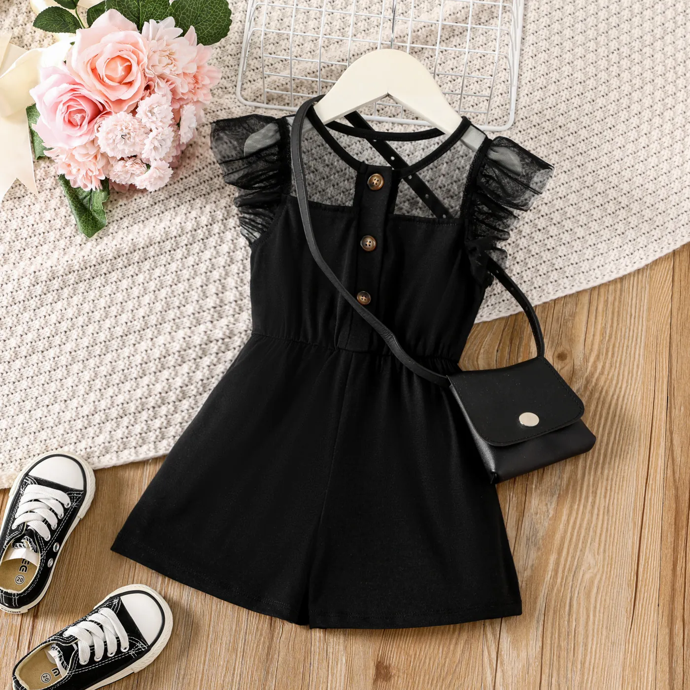 Toddler Girl Sheer Mesh Yoke Form Romper  big image 1