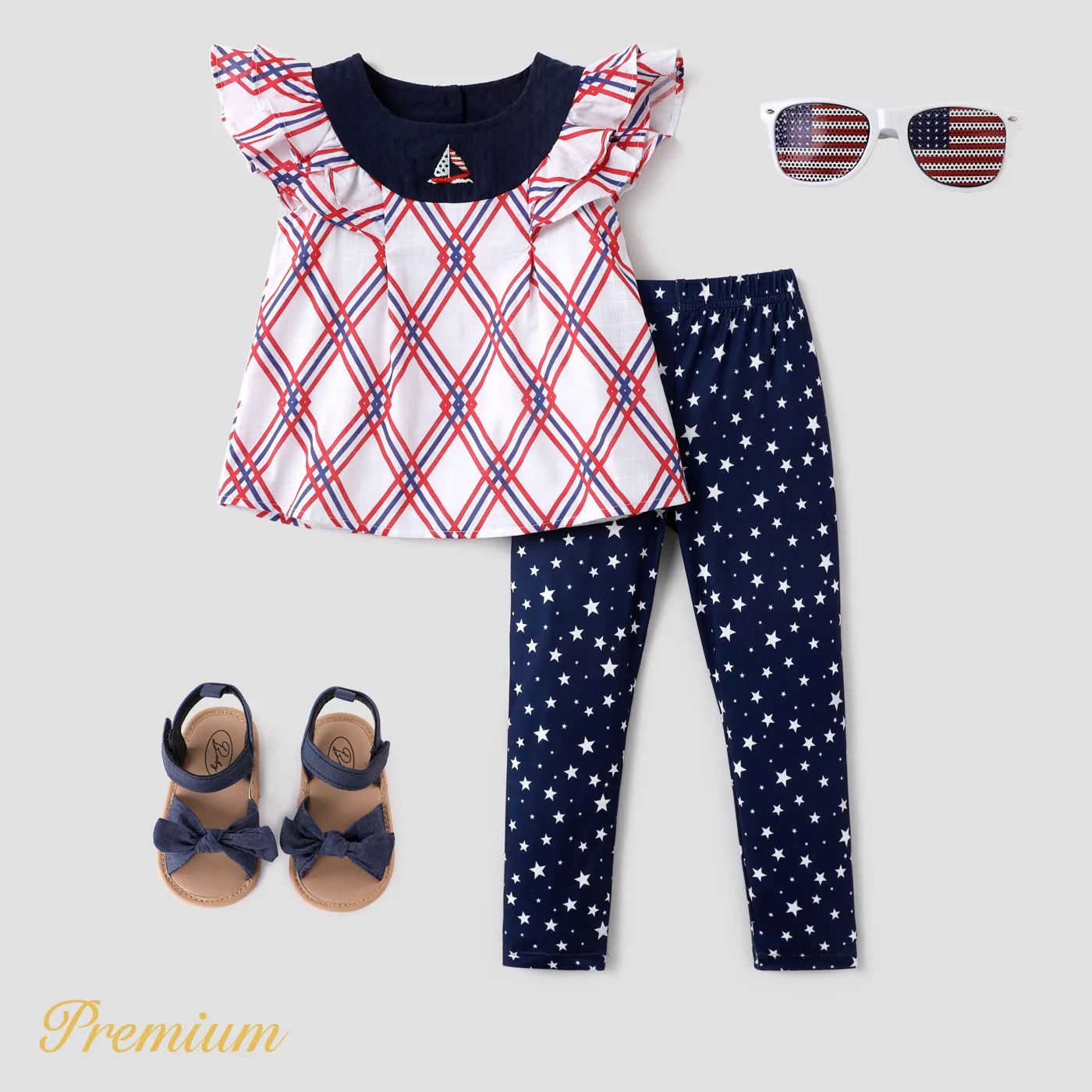 Independence Day 2pcs Toddler Girl 100% Cotton Allover Print Flutter-sleeve Top and Pants Set  big image 1