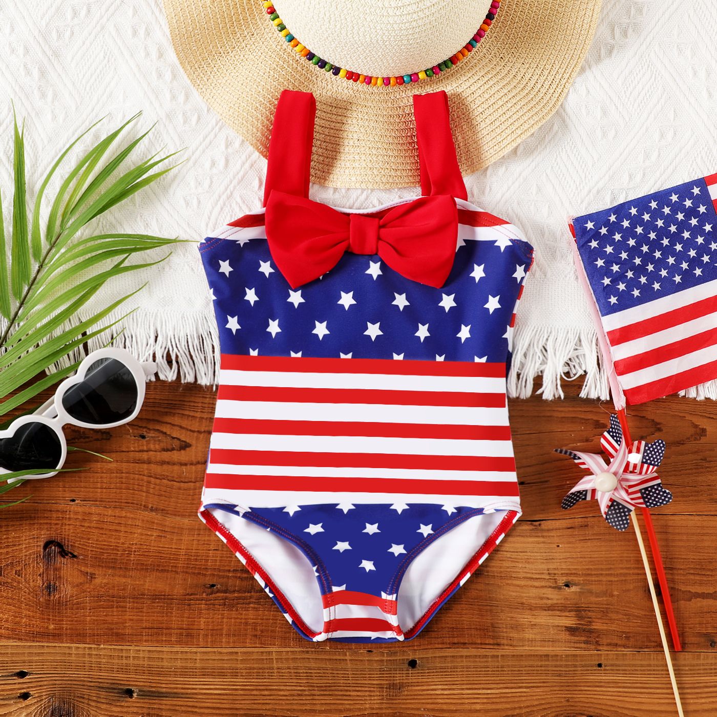 

Independence Day Toddler Girl Bow Front Star & Stripe Print One-piece Swimsuit