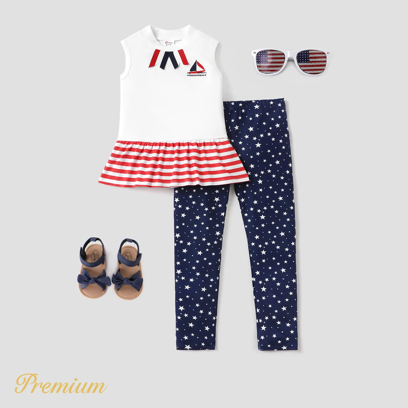 Independence Day 2-piece Kid Girl Cotton Sailboat & Letter Embroidery Striped Print Sleeveless Top and Allover Print Pants Set Tibetanbluewhite big image 1