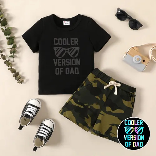 2pcs Baby Boy 95% Cotton Camouflage Shorts and Sunglass & Letter Print Short-sleeve Tee Set