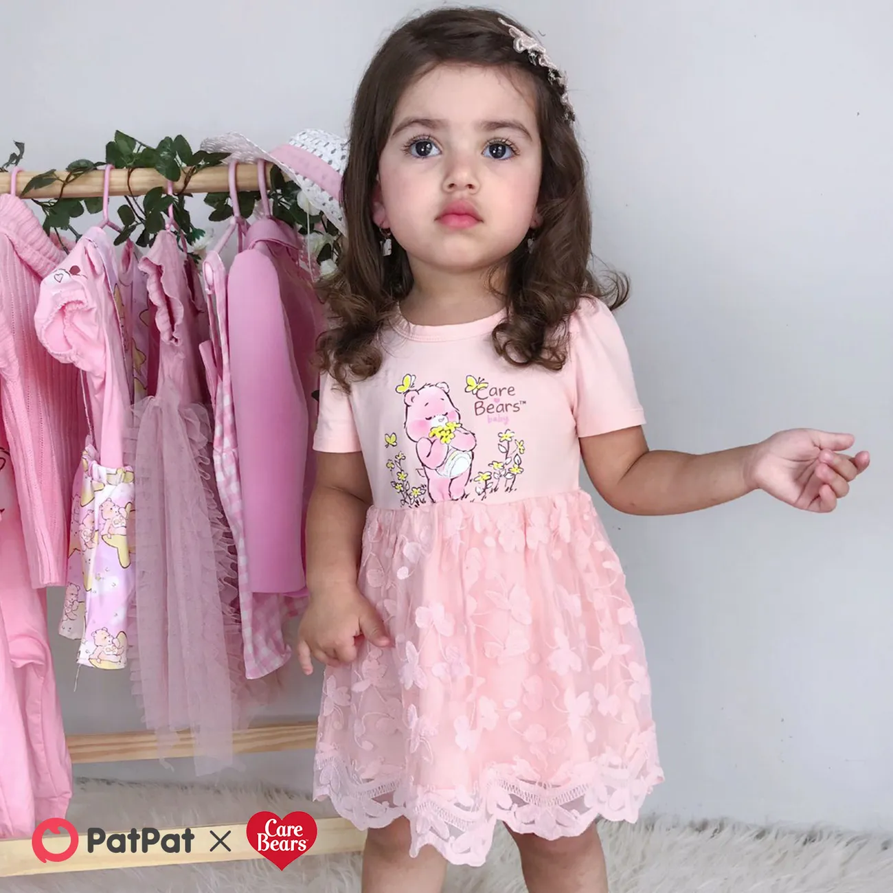 Care Bears Baby Girl Cotton Short-sleeve Bear Print Spliced Embroidered Mesh Dress incarnadinepink big image 1