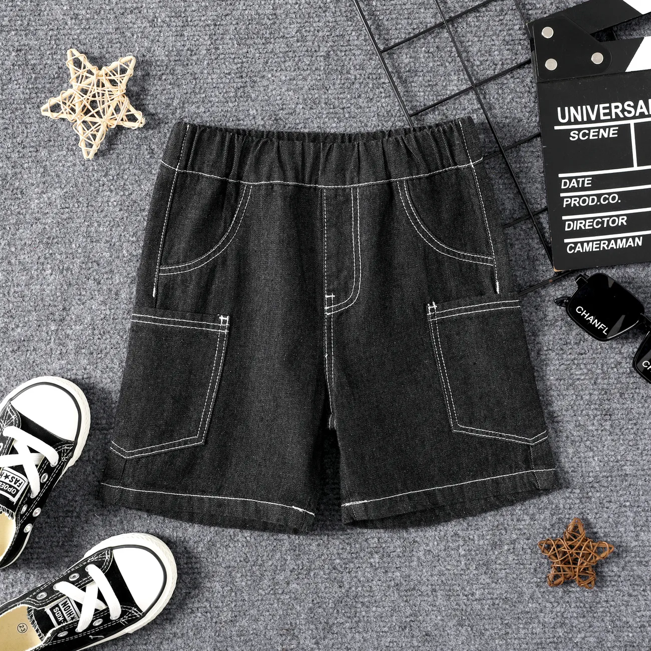 Toddler Boy Cotton Pocket Design Denim Shorts Black big image 1