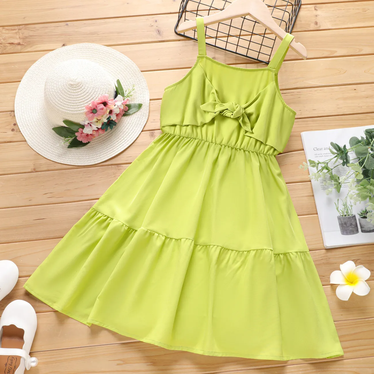 Kid Girl Bowknot Design Slip Dress LemonGreen big image 1