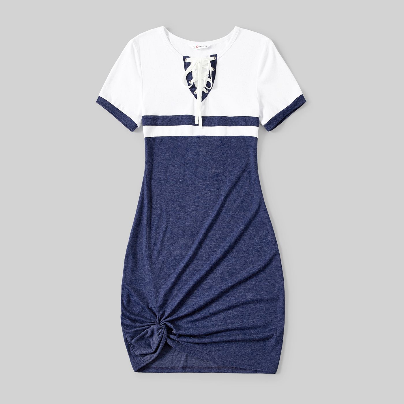 Family Matching Colorblock Lace-up V Neck Short-sleeve Twisk Knot Bodycon Dresses And T-shirts Sets