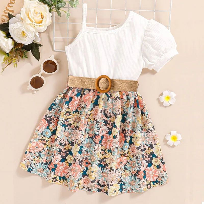 Kid Girl Floral Print Belted One-Shoulder Dress  big image 1