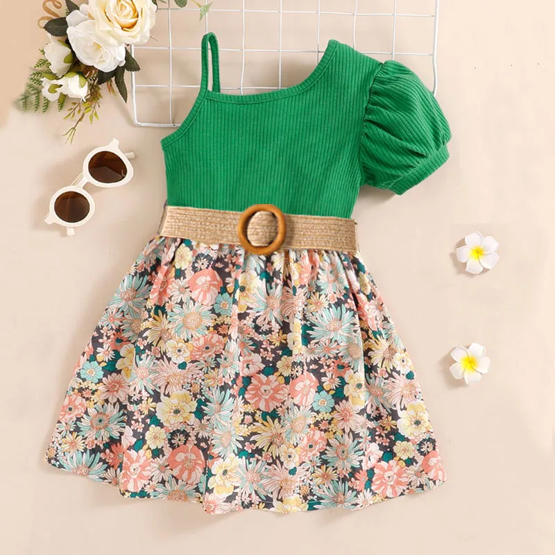 Kid Girl Floral Print Belted One-Shoulder Dress Green
