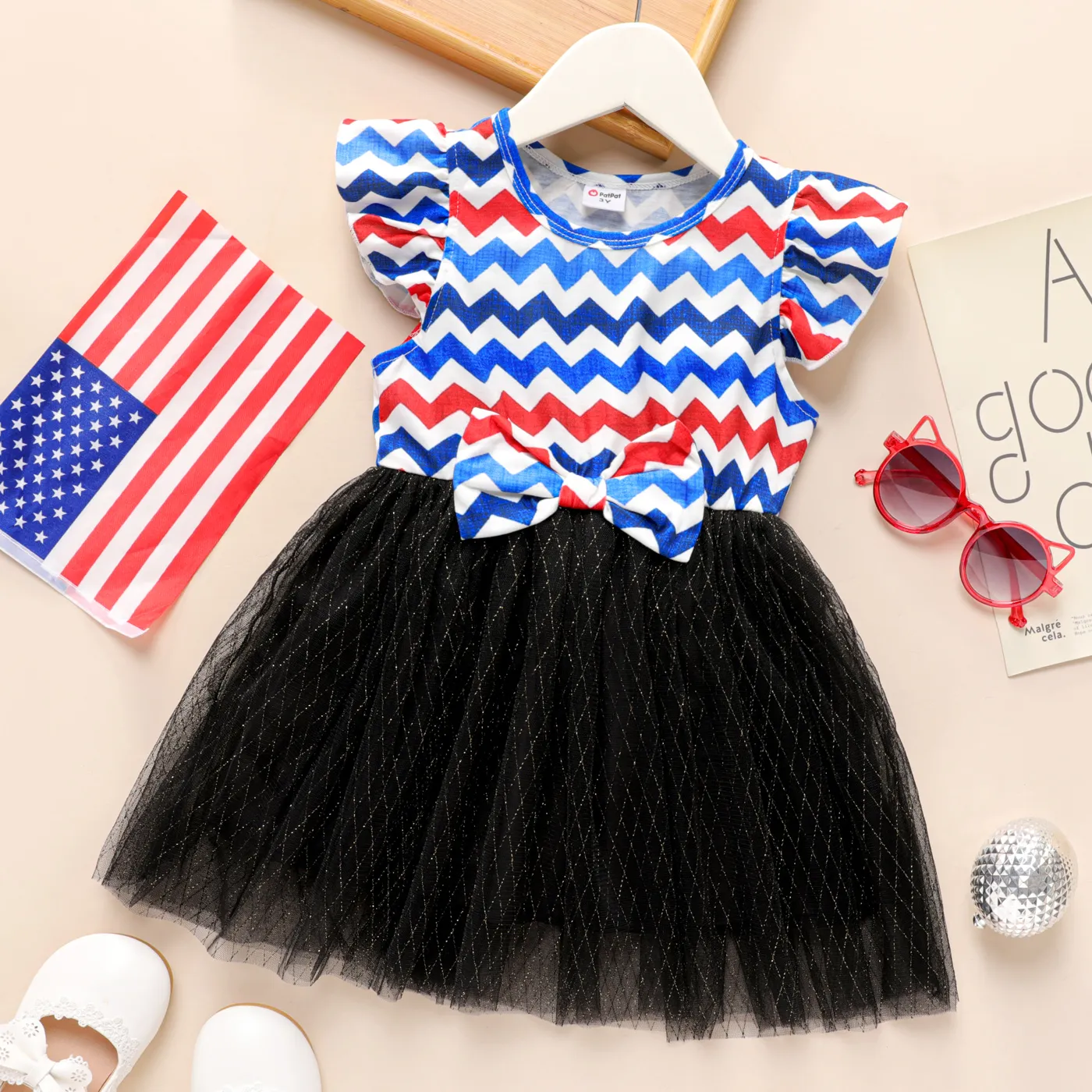 Independence Day Toddler Girl Stripe Panel Mesh Overlay Dress