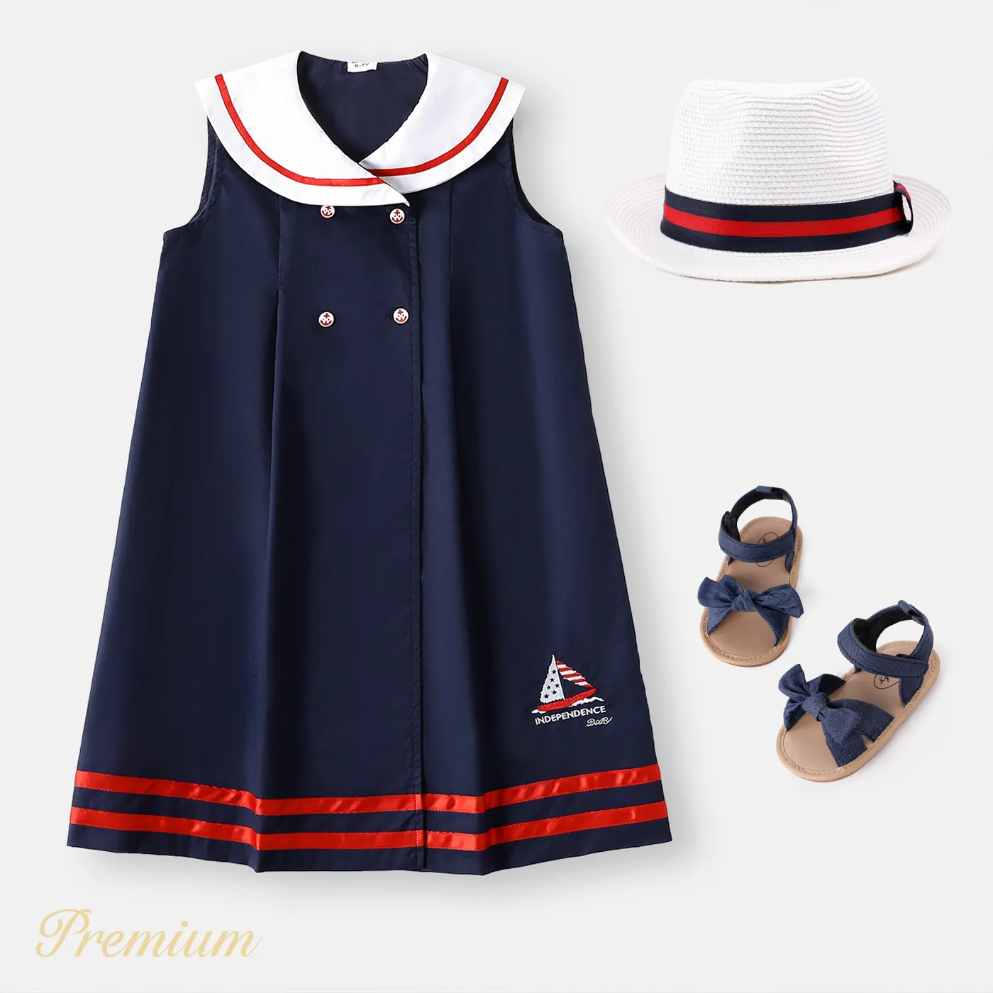 Kid Girl 100% Cotton Double Breasted Contrast Collar Tank Dress  big image 1