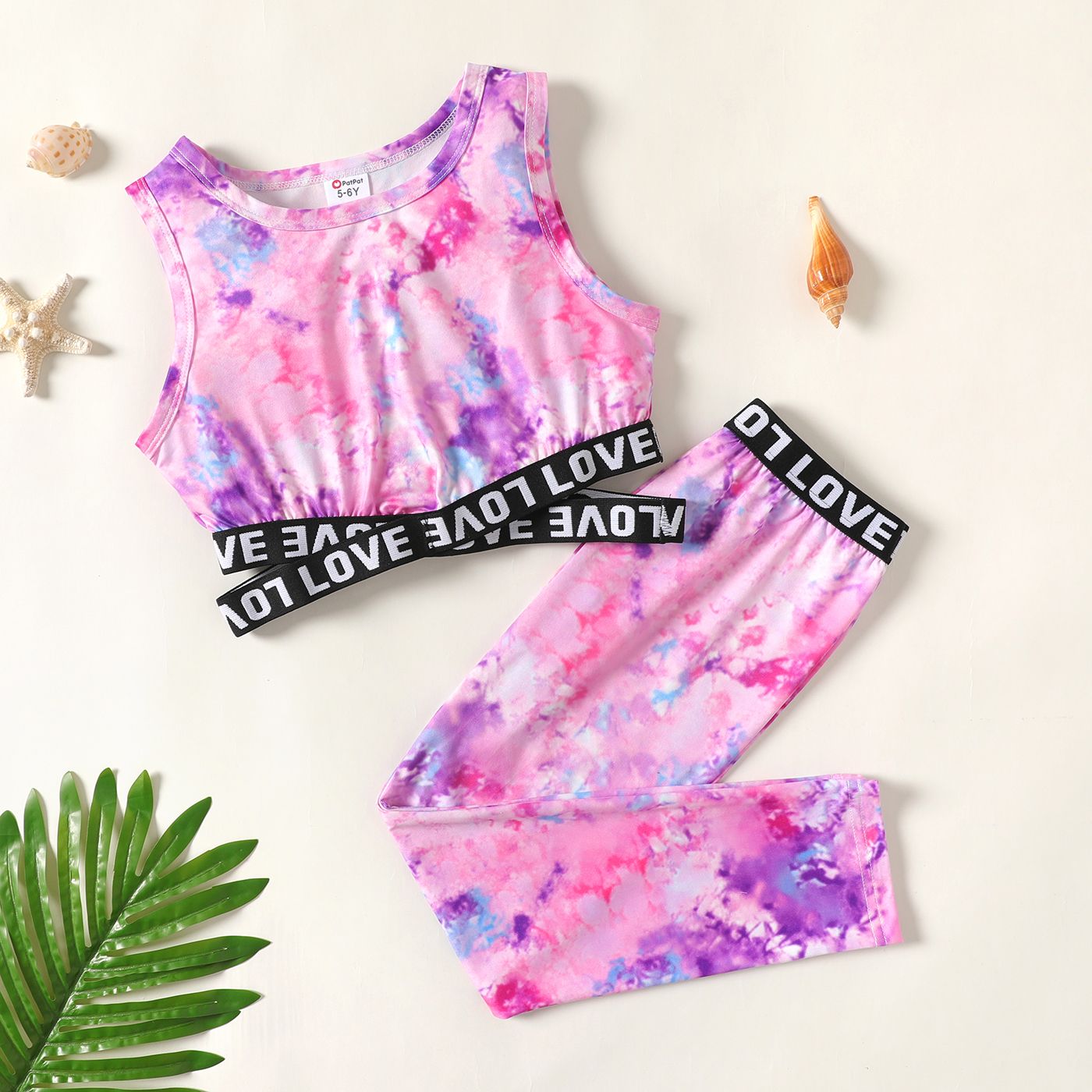 

2pcs Kid Girl Tie Dye Letter Tape Tank Top and Pants Set