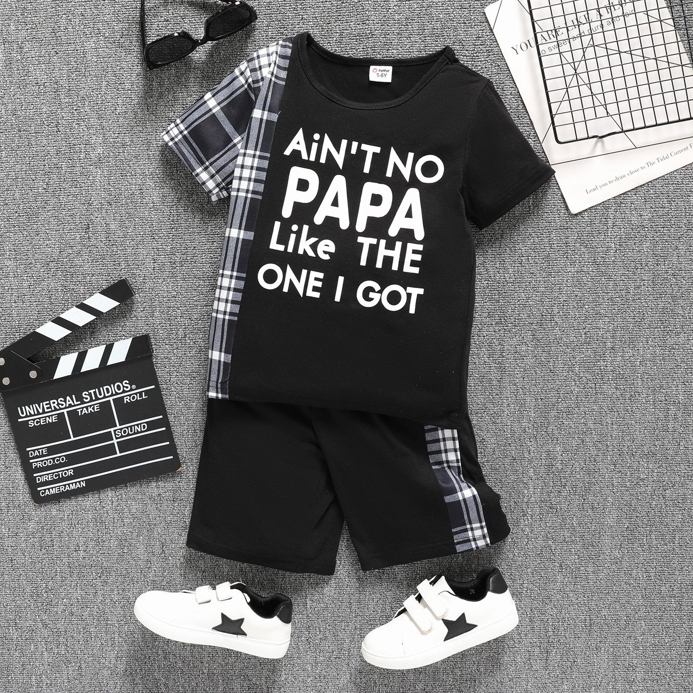 

2pcs Kid Boy Letter & Plaid Print Short-sleeve Tee and Shorts Set