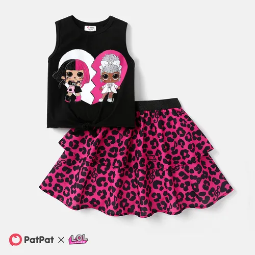 L.O.L. SURPRISE! Kid Girl 2pcs Character Print Cotton Tank Top and Leopard Skirt Set