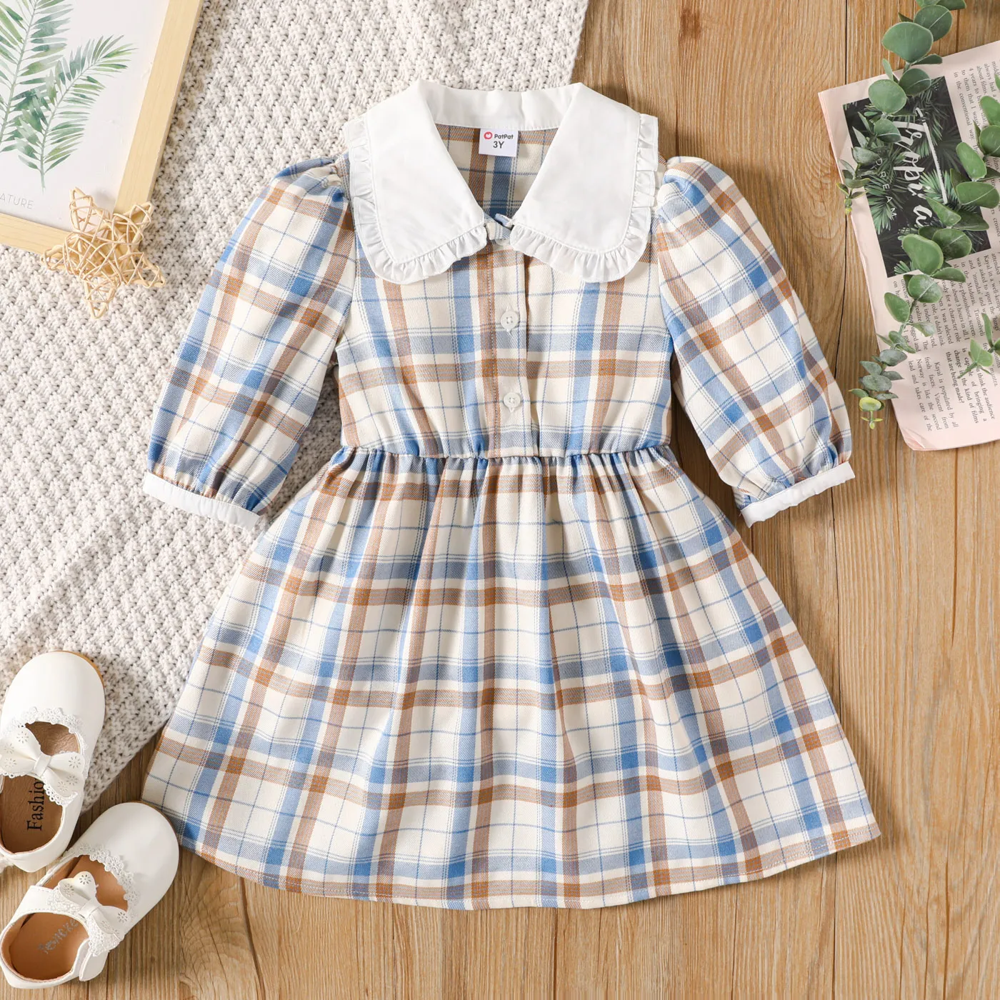 Toddler Girl Peter Pan Collar Long-sleeve Plaid Dress  big image 1