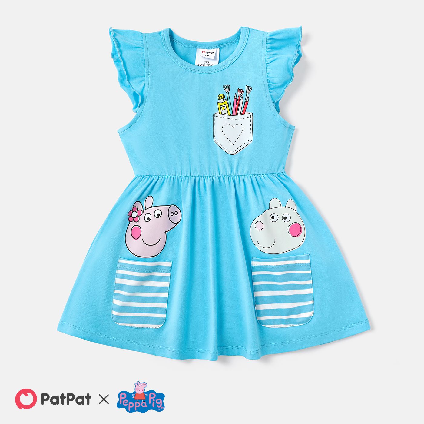 

Peppa Pig Toddler Girl Character Print Stripe Patch Pocket Flutter-sleeve Dress