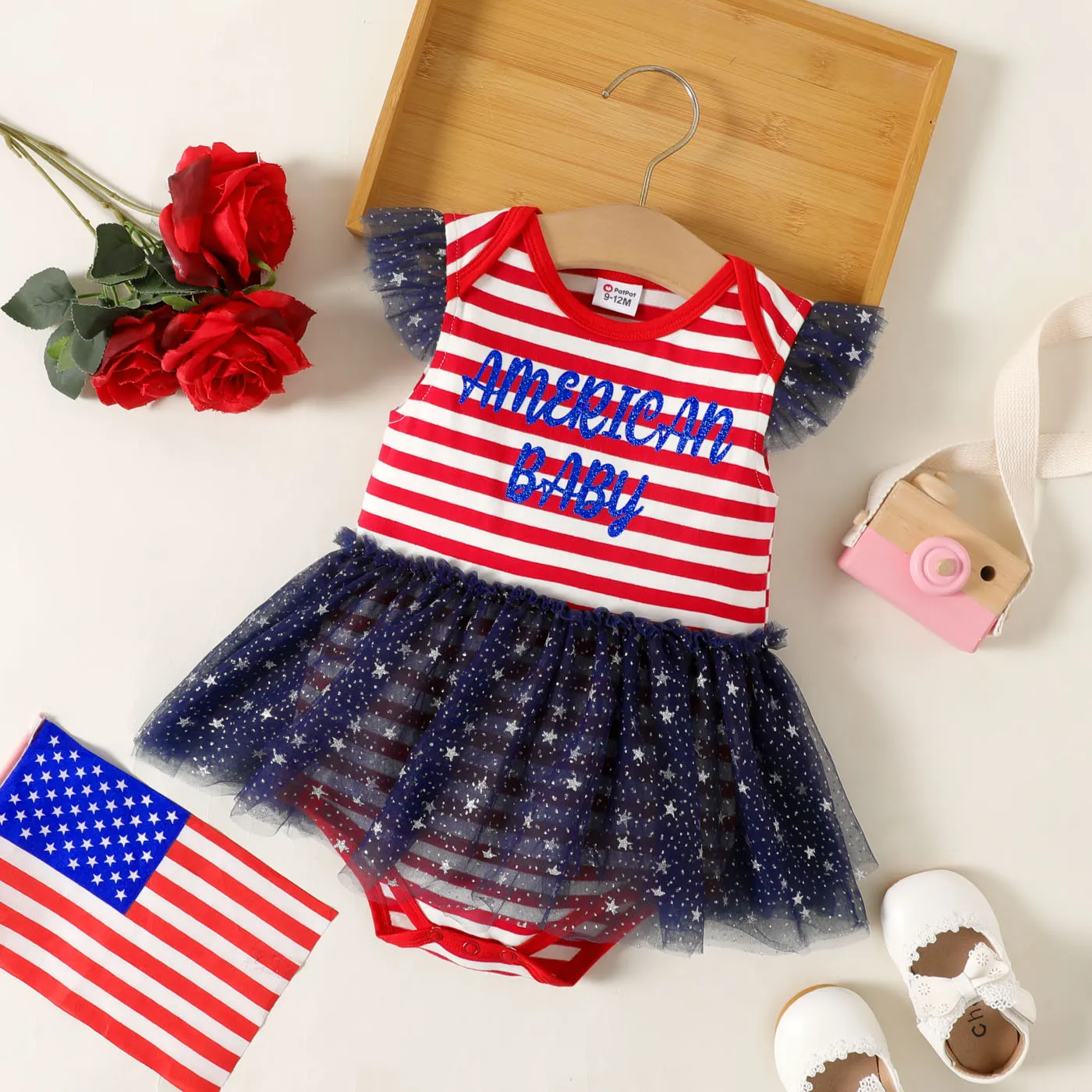 Independence Day Baby Girl Letter Print Striped Spliced Flutter-sleeve Mesh Romper Red big image 1