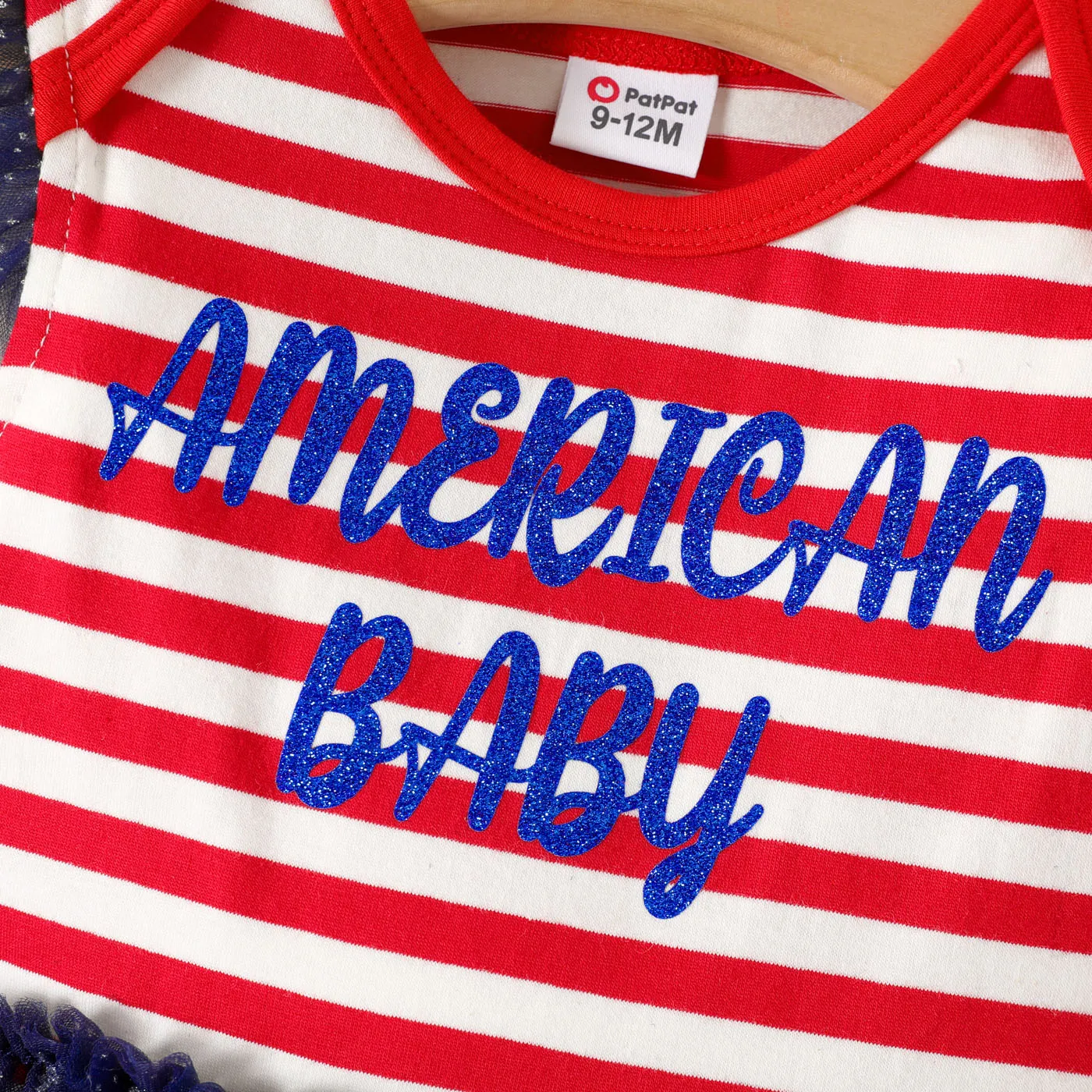 Independence Day Baby Girl Letter Print Striped Spliced Flutter-sleeve Mesh Romper Red image 4