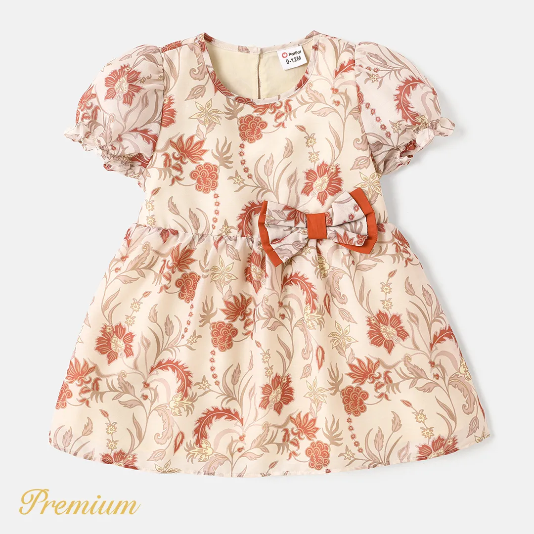 Baby Girl Floral Print Bow Front Puff-sleeve Dress  big image 1
