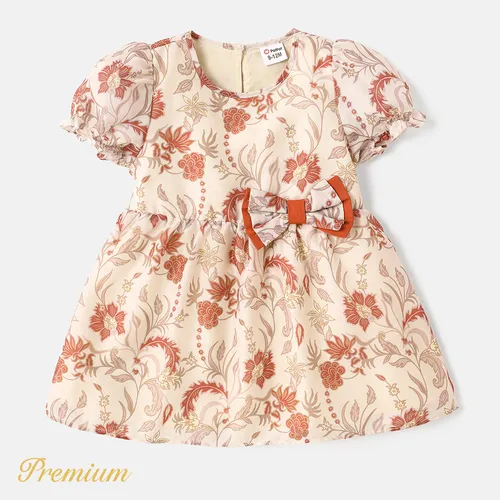 Baby Girl Floral Print Bow Front Puff-sleeve Dress
