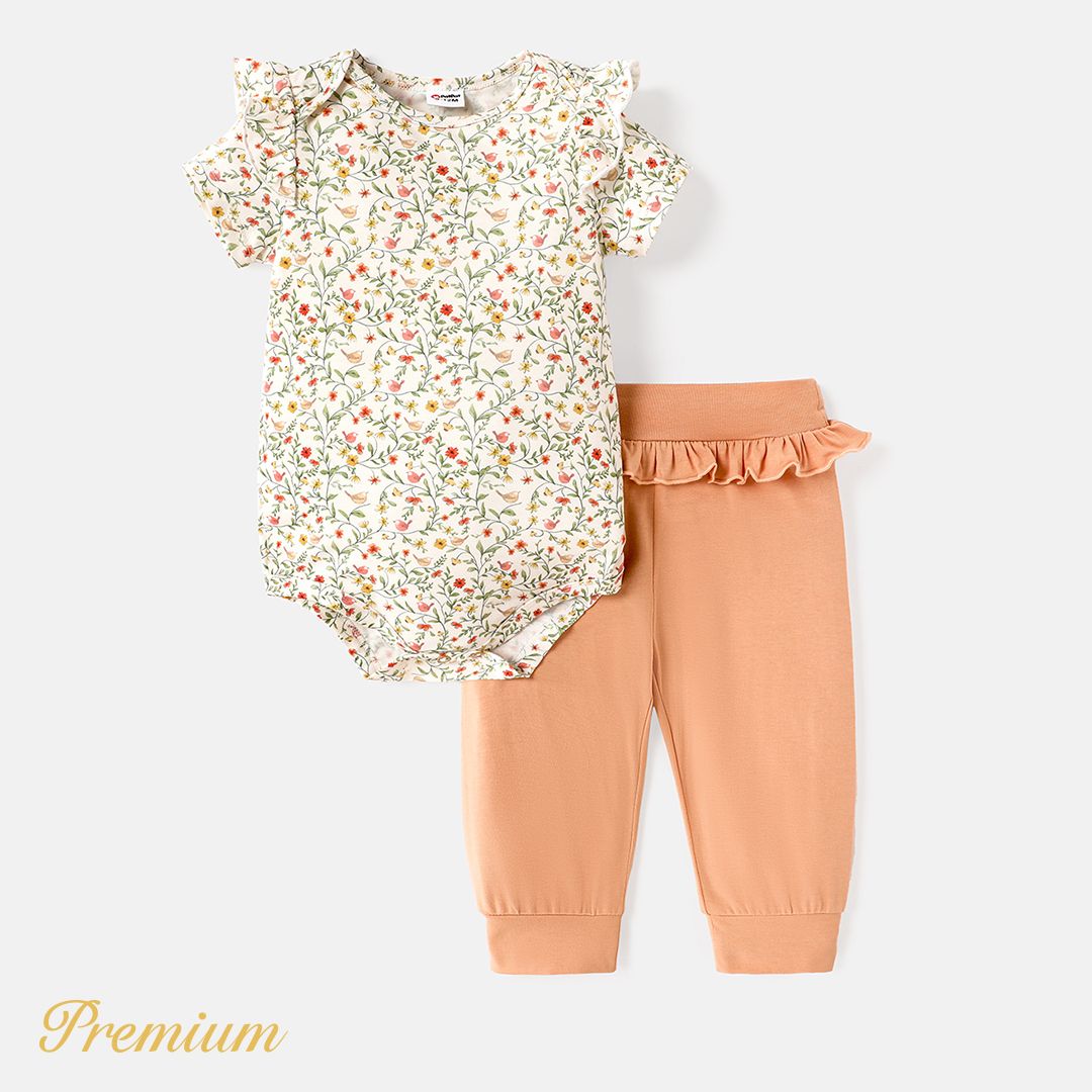 

2pcs Baby Girl Solid Cotton Ruffle Trim Pants and Floral Print Short-sleeve Naia™ Romper Set