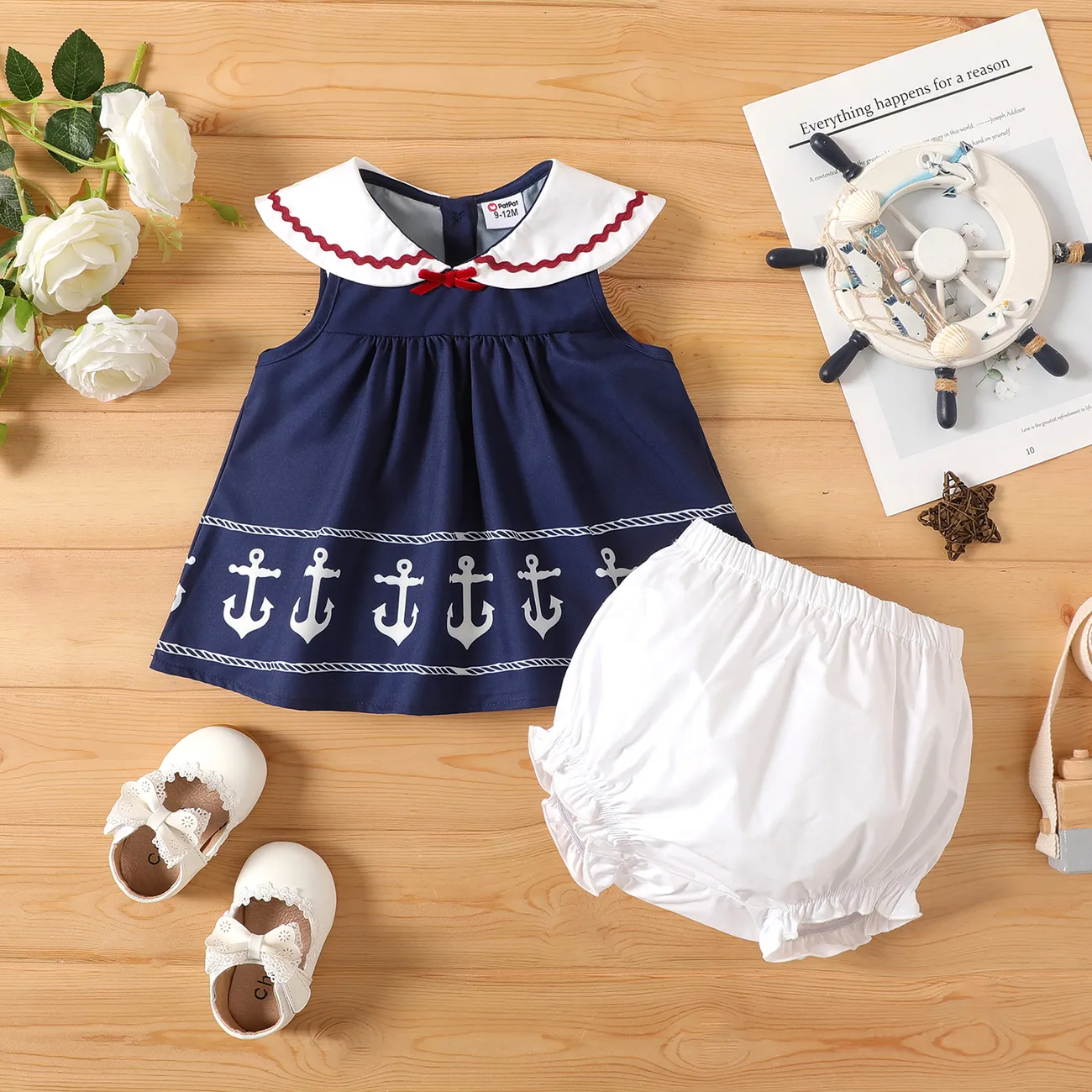 2pcs Baby Girl 100% Cotton Ruffled Shorts and Contrast Peter Pan Collar Tank Dress Set Dark Blue/white big image 1