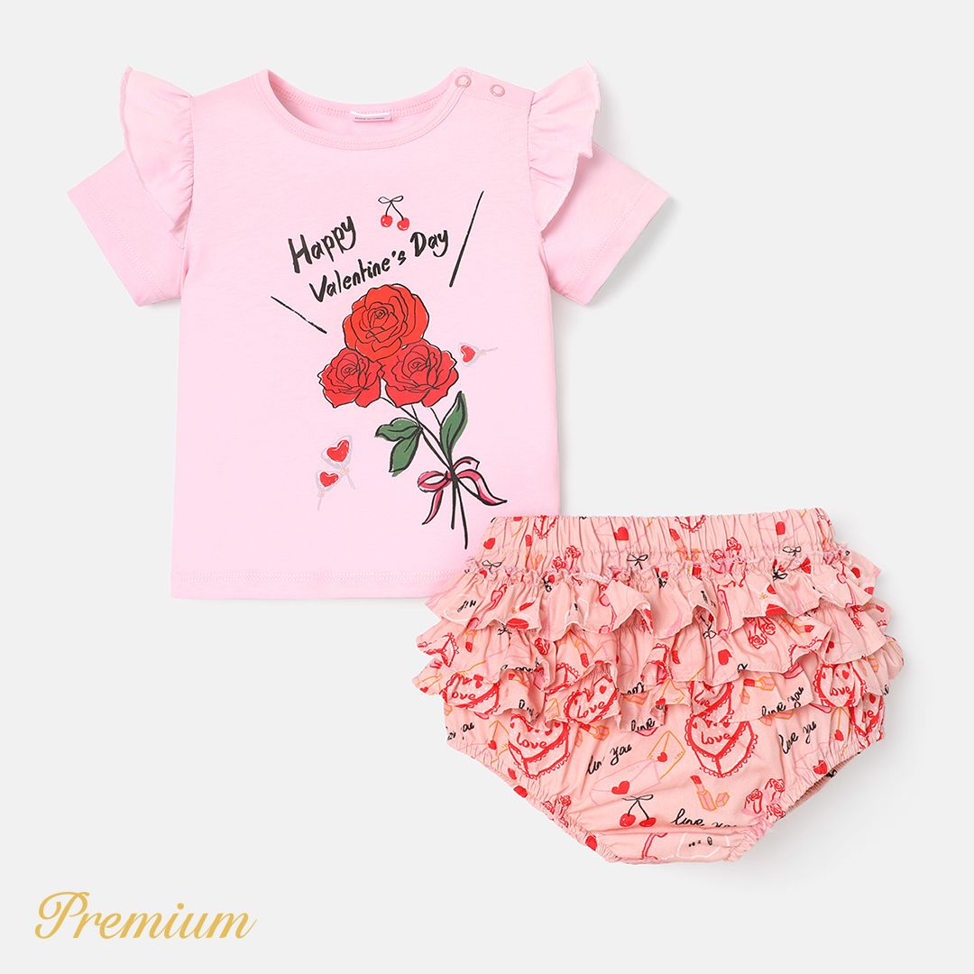 2pcs Baby Girl 100% Cotton Short-sleeve Rose Graphic Tee and Allover Print Layered Ruffle Trim Short