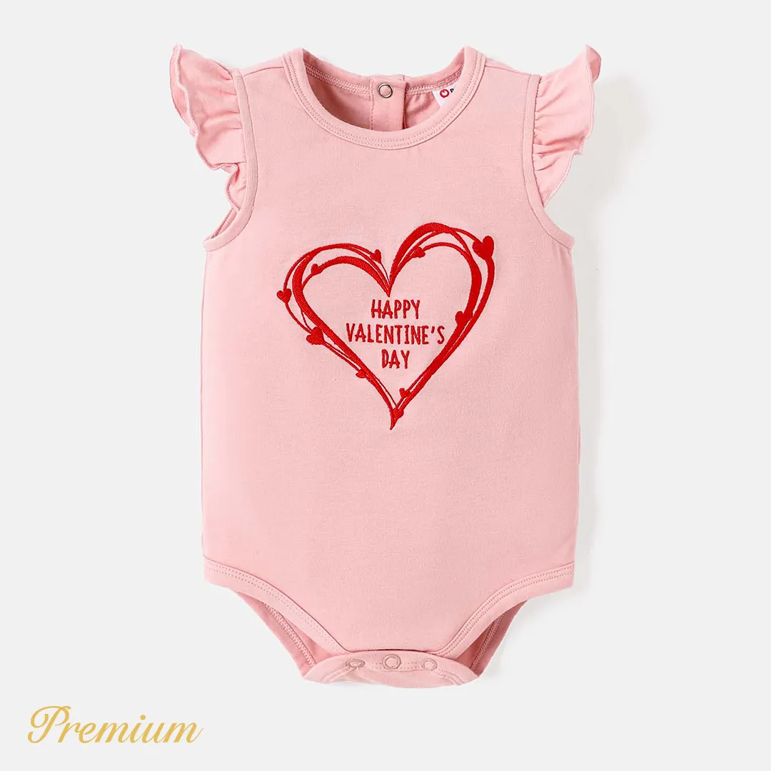 Valentine's Day Baby Girl Cotton Heart & Letter Embroidered Flutter-sleeve Romper  big image 1