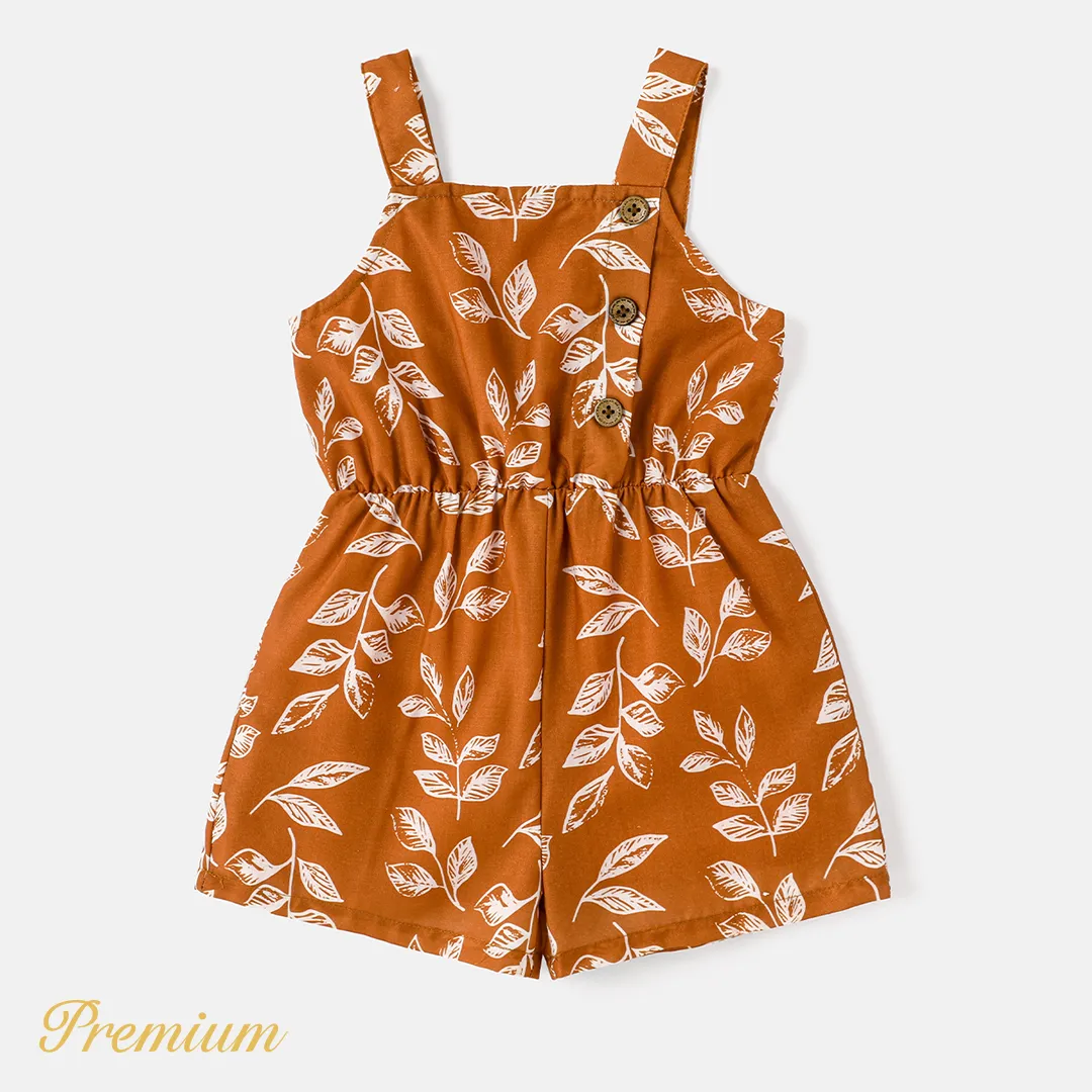 Toddler Girl Floral Leaf Print Button Design Slip Rompers Jumpsuit Shorts Coffee big image 1