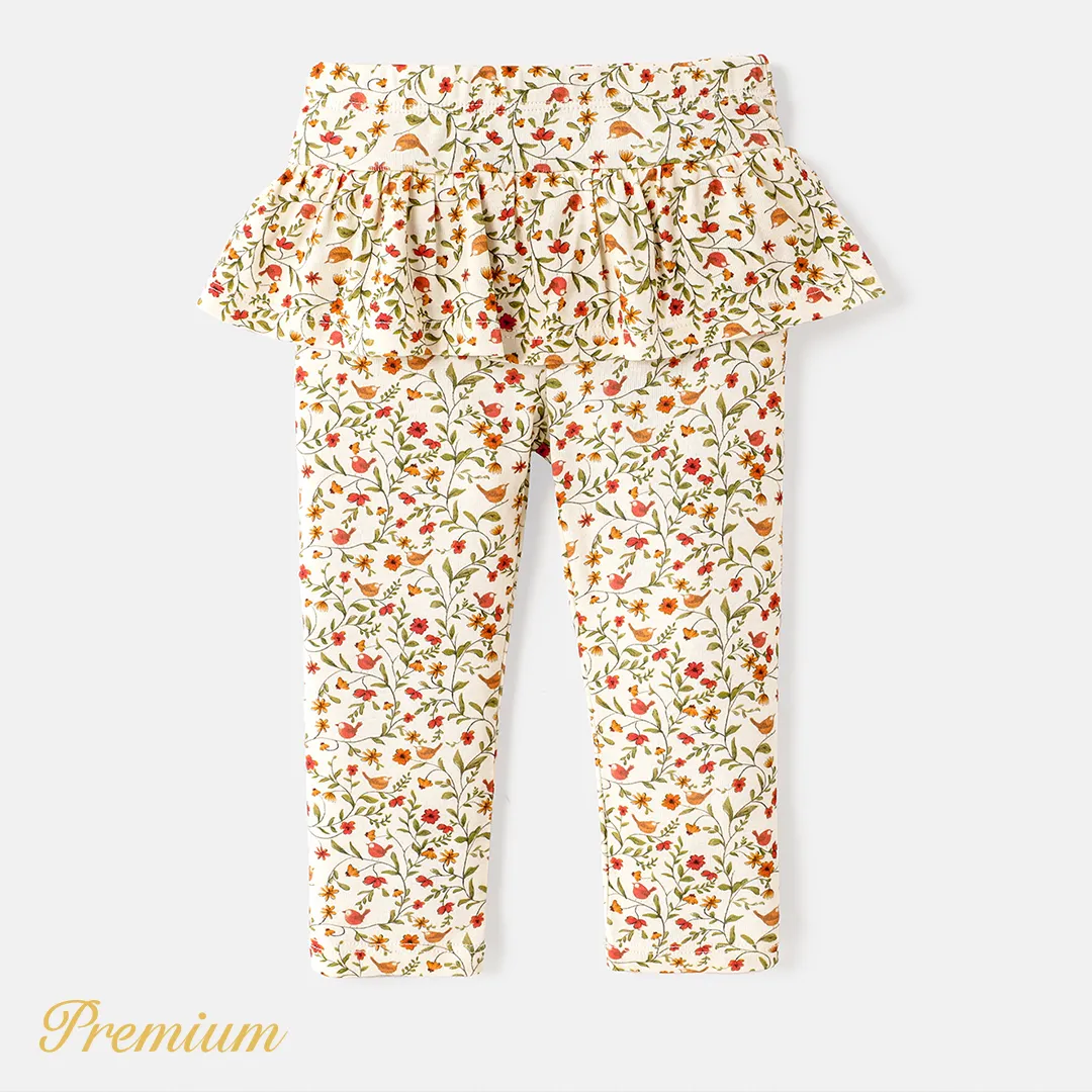 Baby Girl Cotton Floral Print Ruffle Trim Leggings Pale Yellow big image 1