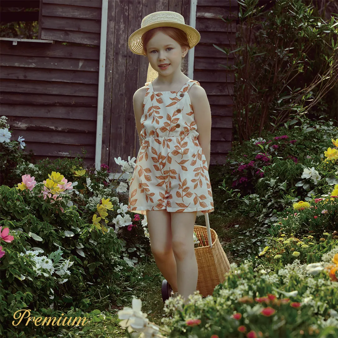 Toddler Girl Floral Leaf Print Button Design Slip Rompers Jumpsuit Shorts White big image 1
