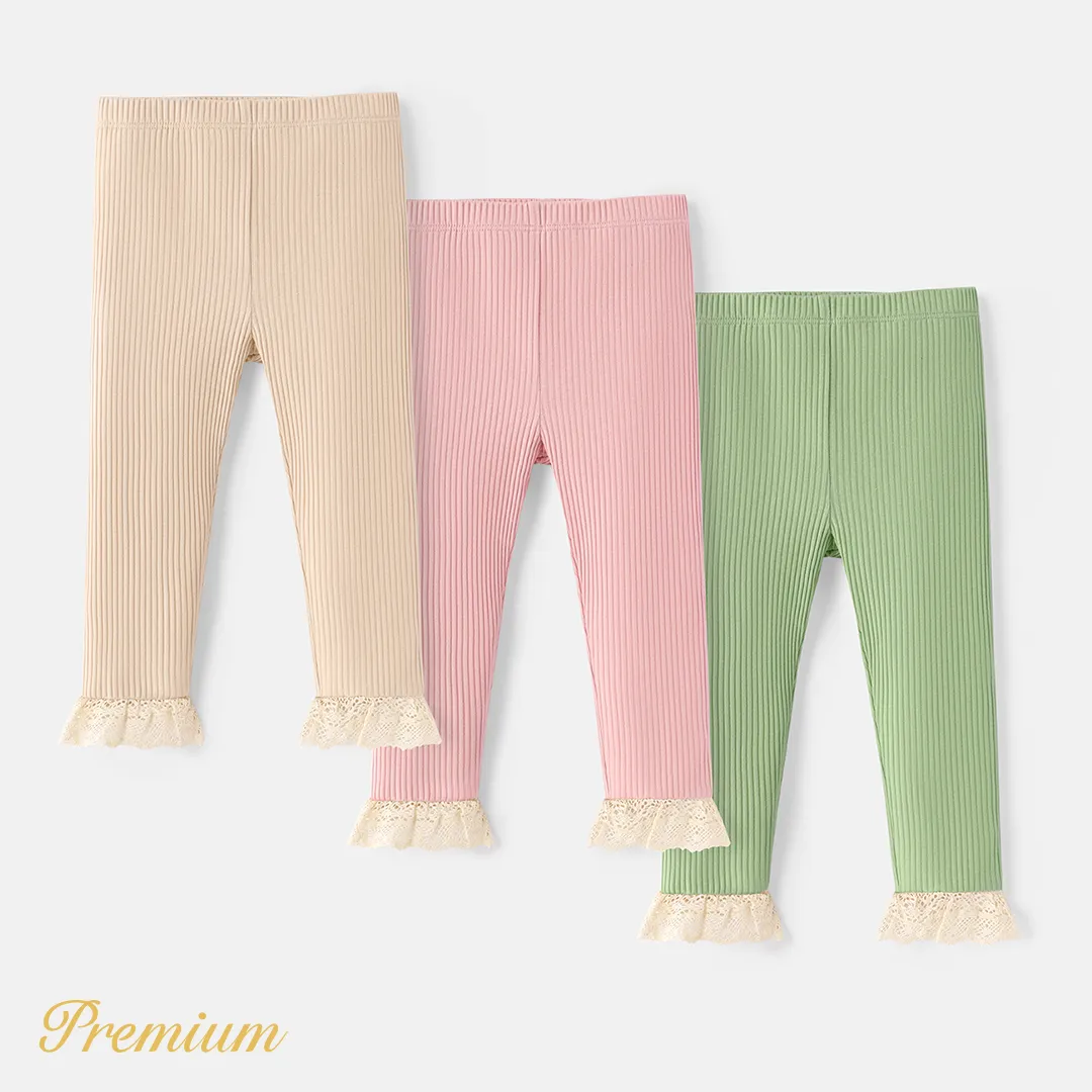 Baby Girl Lace Detail Solid Cotton Ribbed Leggings