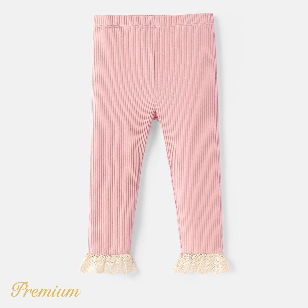 Baby Girl Lace Detail Solid Cotton Ribbed Leggings