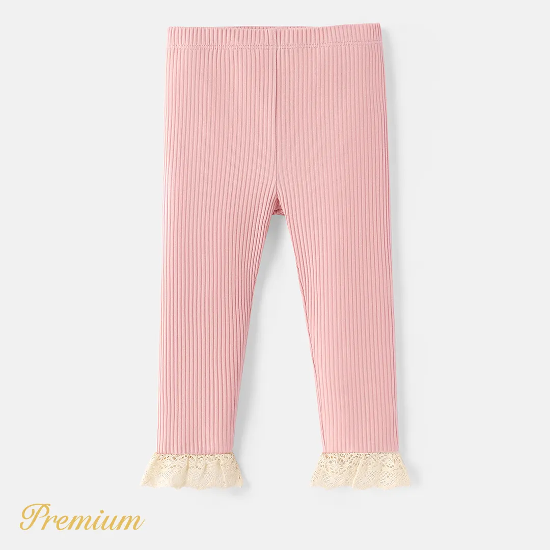 Baby Girl Lace Detail Solid Cotton Ribbed Leggings Pink big image 1