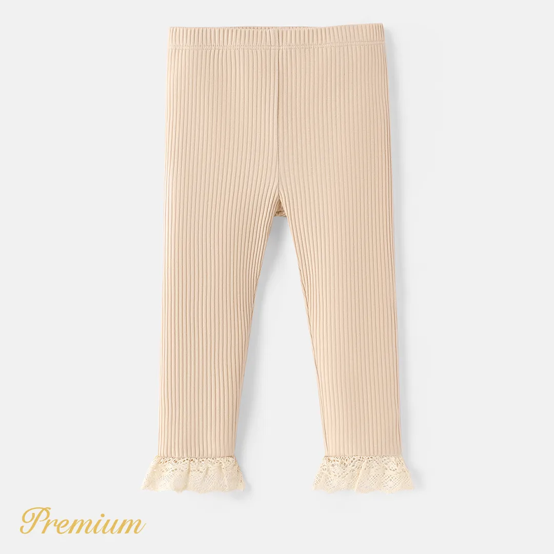 Baby Girl Lace Detail Solid Cotton Ribbed Leggings Apricot big image 1