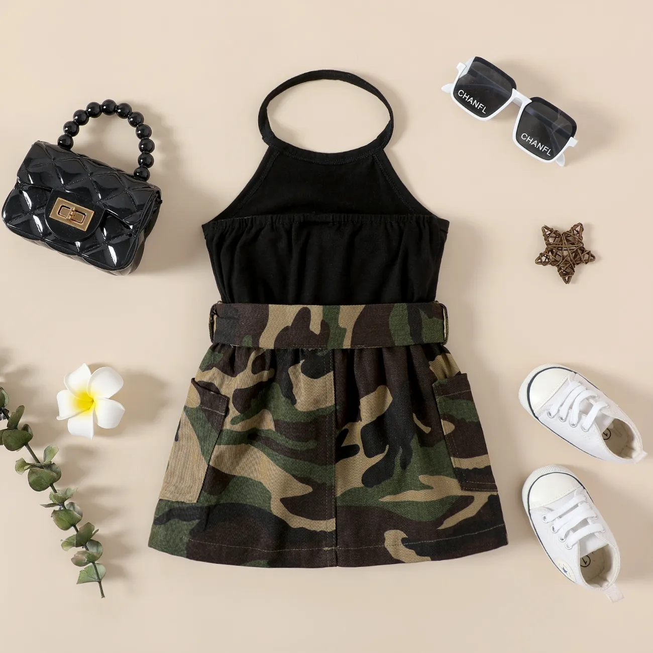2pcs Baby Girl Cotton Letter Print Halter Tee and Camouflage Print Belted Skirt Set Camouflage big image 1