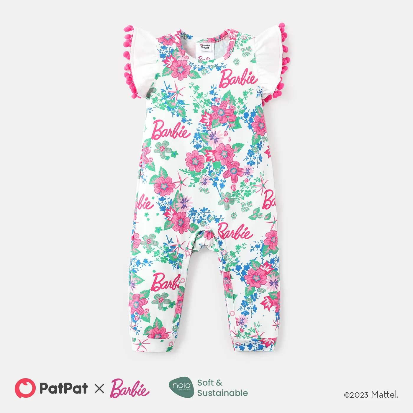 

Barbie Baby Girl Pom Poms Decor Flutter-sleeve Allover Floral Print Naia™ Jumpsuit
