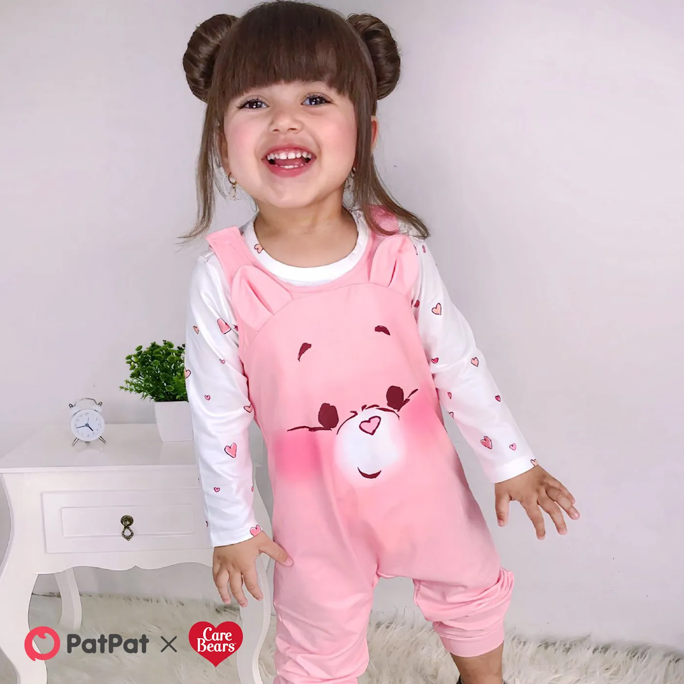 Care Bears 2pcs Baby Boy/Girl Allover Print Long-sleeve T-shirt and Cartoon Graphic Sleeveless Jumpsuit Set