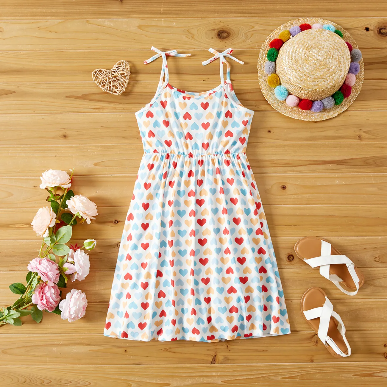 Toddler/Kid Girl Naia™ Colorful Heart Print Bowknot Design Slip Dress White big image 1