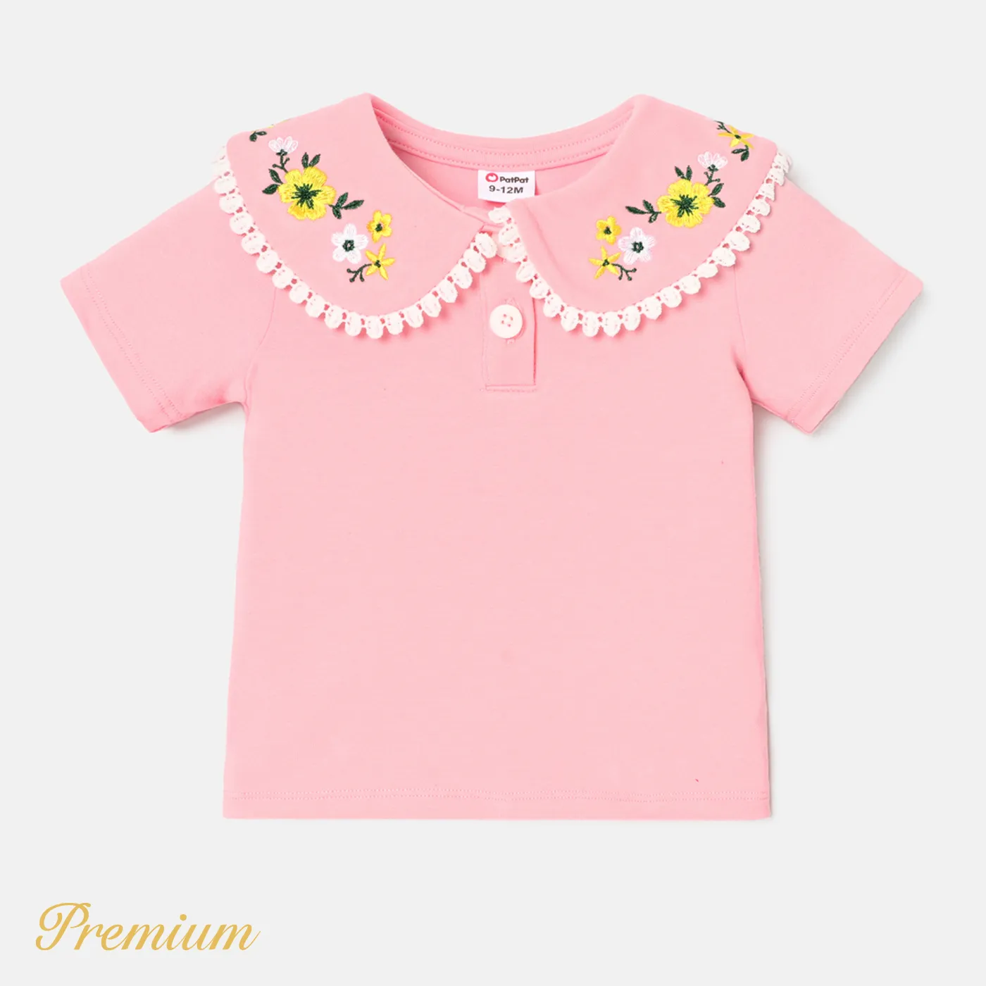 Baby Girl Cotton Floral Embroidered Collar Short-sleeve Tee Pink