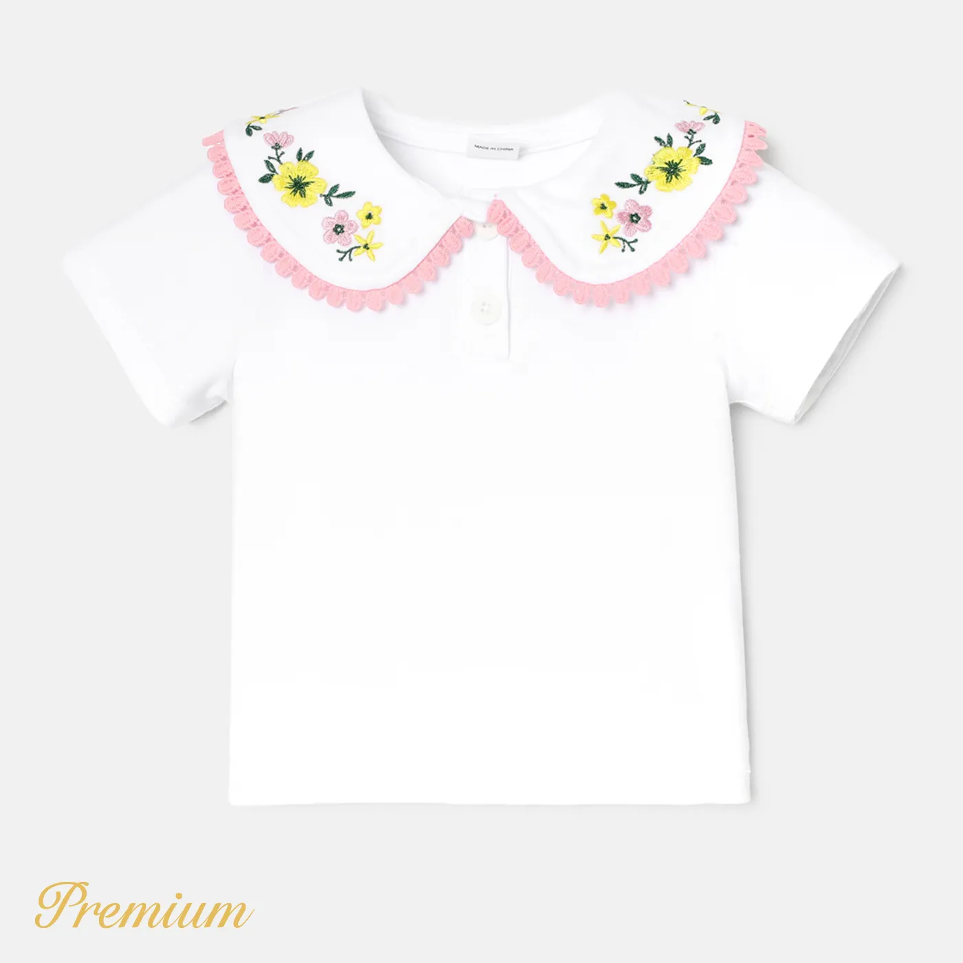 Baby Girl Cotton Floral Embroidered Collar Short-sleeve Tee  big image 1