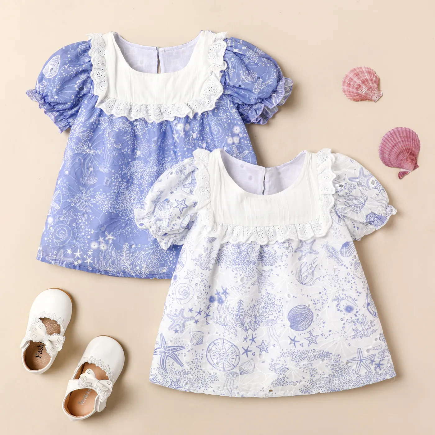 Menina Criança Allover Ocean Print babado Puff-manga Blusa Azul image 2
