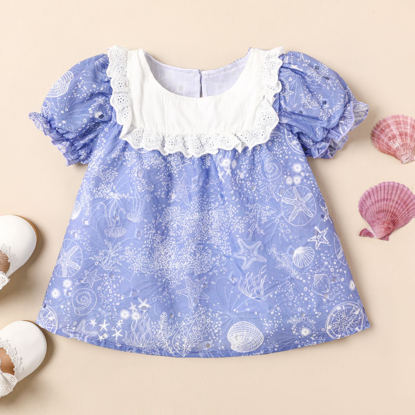 Toddler Girl Allover Ocean Print Ruffled Puff-sleeve Blouse