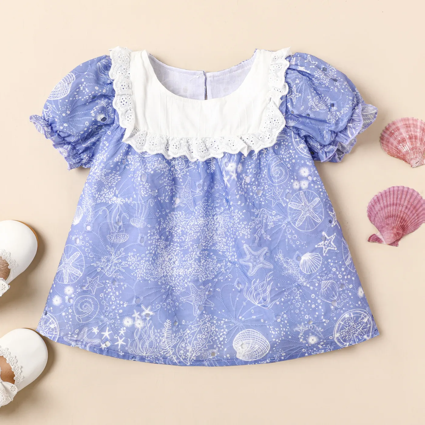 Menina Criança Allover Ocean Print babado Puff-manga Blusa Azul big image 1