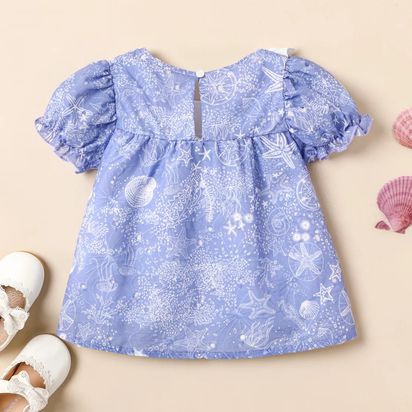 Menina Criança Allover Ocean Print babado Puff-manga Blusa Azul image 3