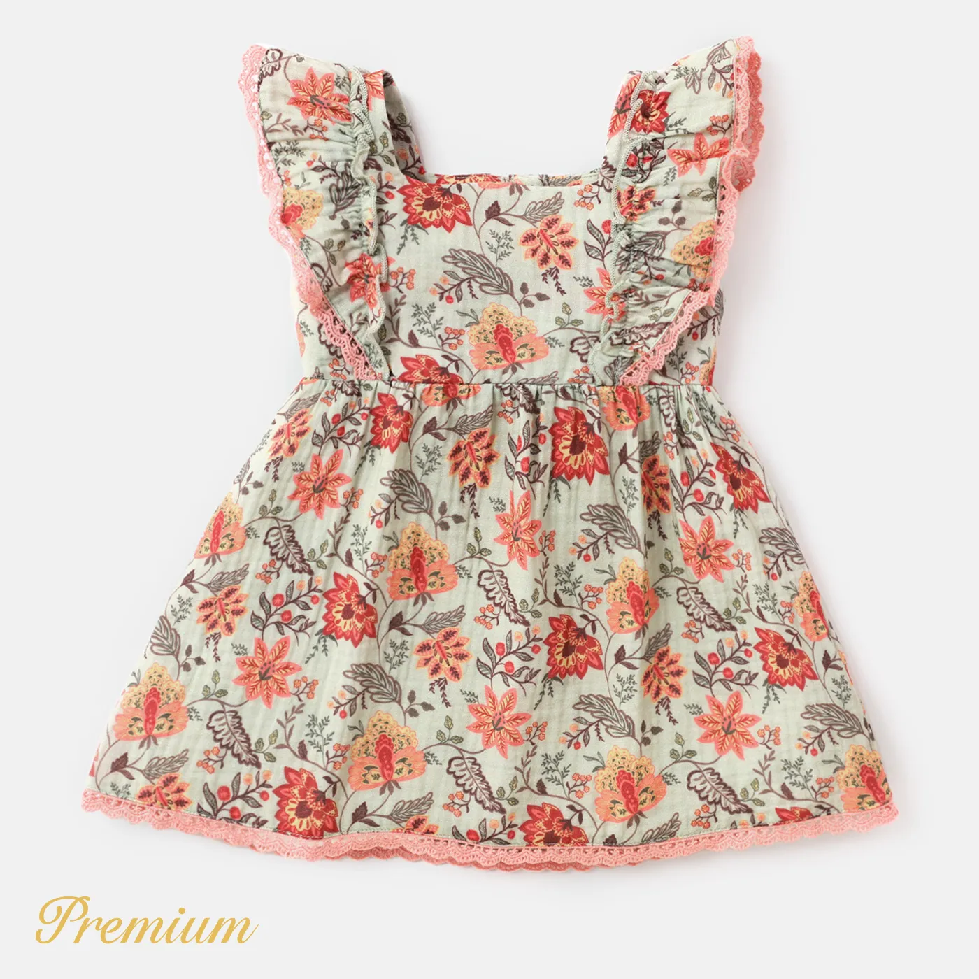 Baby Girl 100% Cotton Crepe Lace Detail Ruffle Trim Dress GrayGreen big image 1