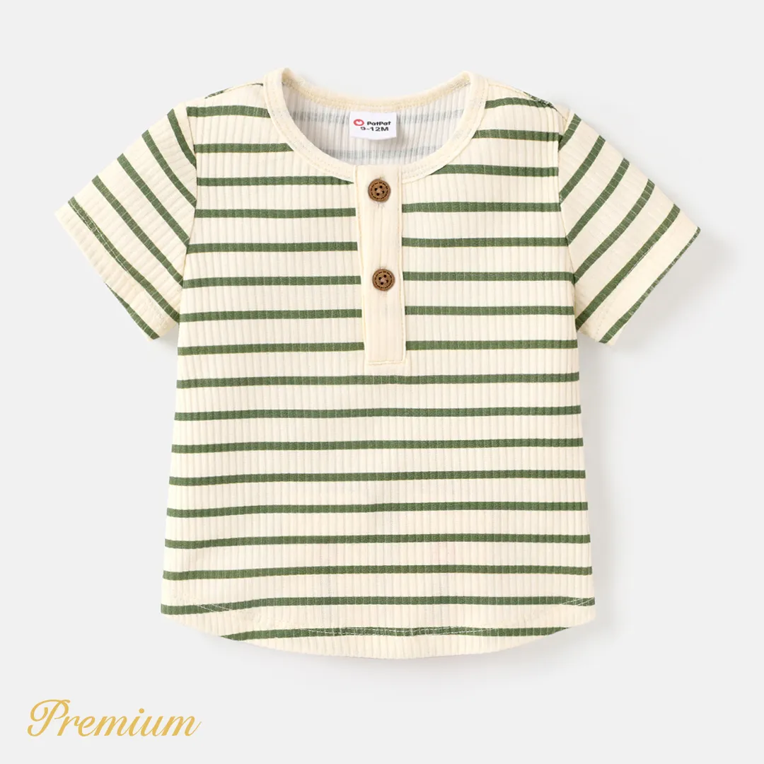 Baby Girl Cotton Ribbed Striped Short-sleeve Tee Apricot