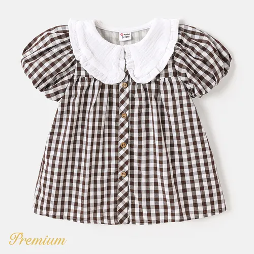 Baby Girl 100% Cotton Contrast Collar Puff-sleeve Button Dress