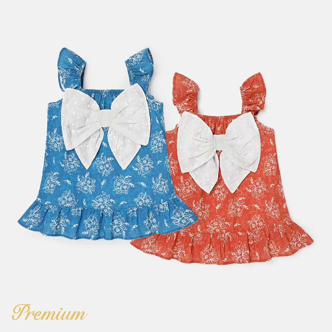 Baby Girl 100% Cotton Contrast Bow Decor Floral Print Flutter-sleeve Dress