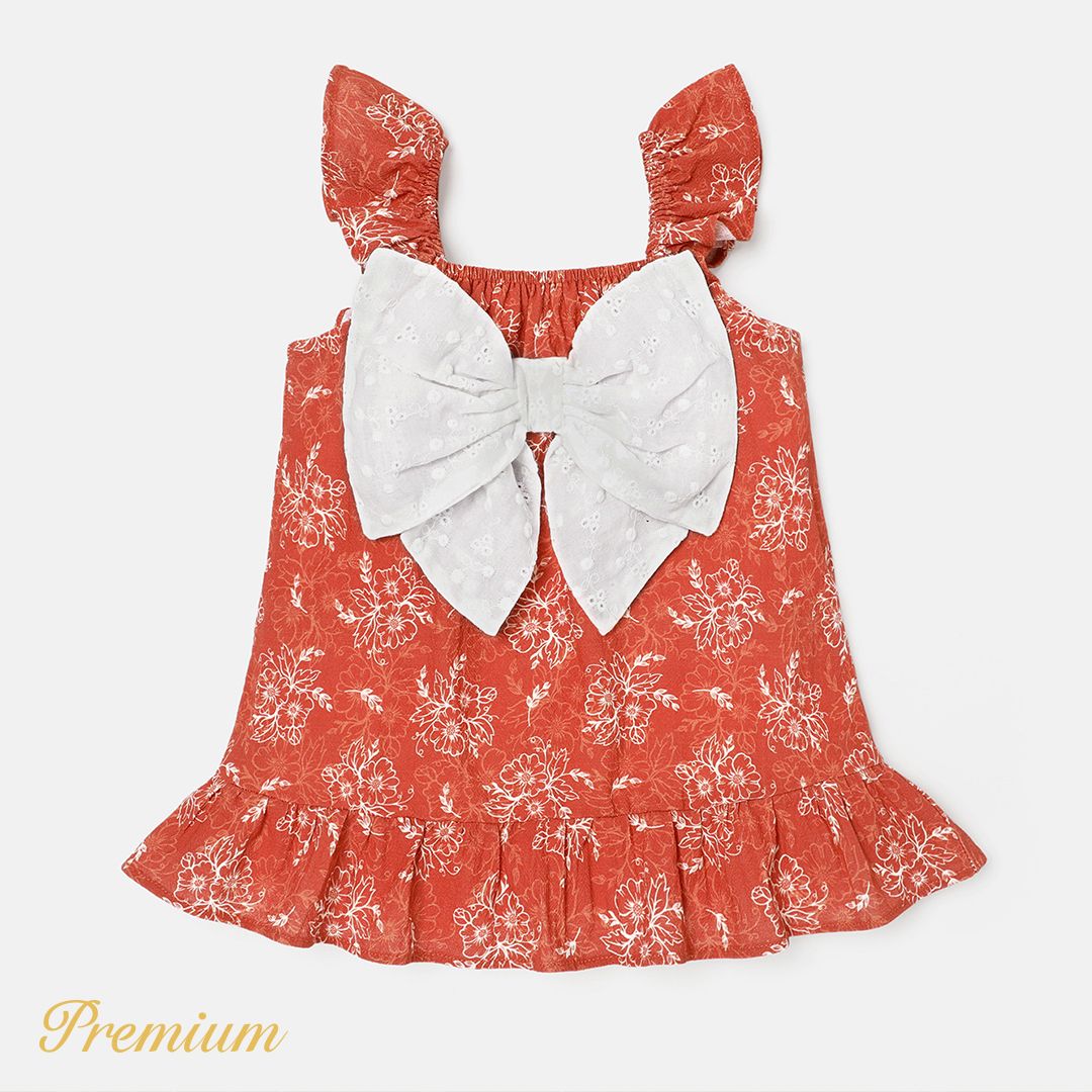 Baby Girl 100% Cotton Contrast Bow Decor Floral Print Flutter-sleeve Dress