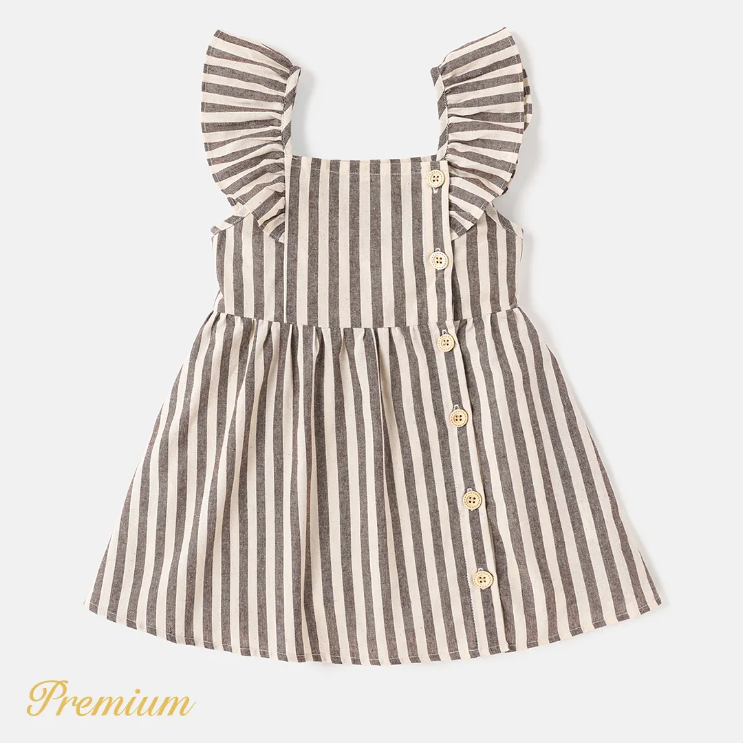 Toddler Girl Floral Print/100% Cotton Button Design Sleeveless Dress COLOREDSTRIPES